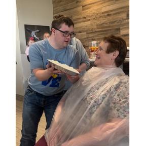 North Central Kansas Medical Center Nurse Jody Halfhide Got Messy for a Good Cause, Getting Pied in the Face by Project SEARCH Intern Lane Vanous to Raise Funds for the North Central Kansas Down Syndrome Society